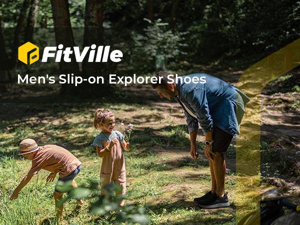 FitVille Men's Explorer Outdoor Slip-On Shoes V1 Footwear Boy Comfort Walking Shoes Slipon Men's Santa Cotton wide toe box suede Men's Santa anti smashing Flat Support Black Casual Sneakers Outdoorfun Walkingshoes