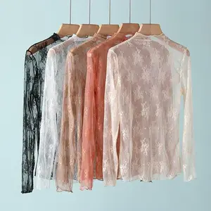 New Women Floral Lace Shirt Spring Autumn Long Sleeve Sexy Mesh Bottoming Shirts Mock Neck Blouse T-Shirt Pullover Top Lace top sexy hollowed out shirt for women's casual wear with long sleeves and mesh baseGift