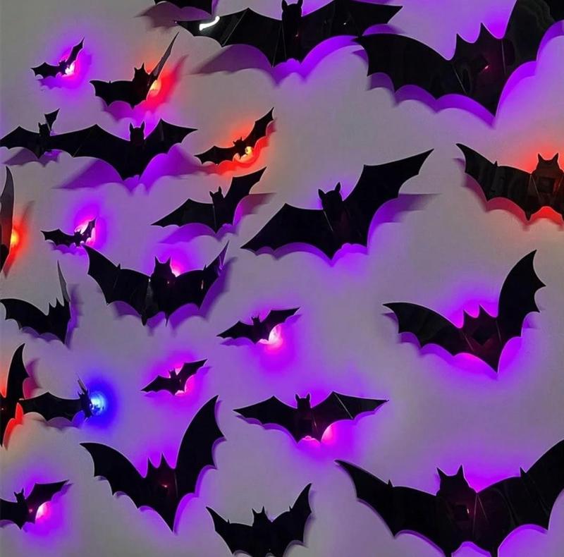 BougeRV 3D Bat Light Design LED Decorations 12pcs/24pcs Set Spooky Ornaments for Home Party Festival Halloween Easy Install Wall Stickers Smooth Application - Decorative(Non-remote)