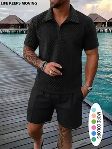 LIFE KEEPS MOVING men’s solid jacquard polo shirt, regular fit casual short-sleeve collared top suitable for summer and spring, fashionable everyday menswear