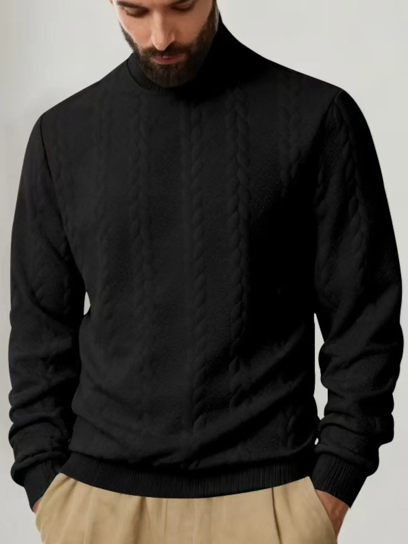 Men's solid color knitted jacquard turtleneck sweater is comfortable, warm and windproof, and can be layered. Casual, regular slim fit long-sleeved sweatshirt, suitable for autumn and winter wear, Black, Casual Chic Knitwear, Casual Basic Knitwear