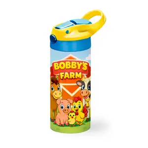 Personalized Kids Farm Water Bottle • Custom Name Barnyard Animals • 12oz Stainless Steel Kids Tumbler • Straw Lid • School & Daycare Bottle • Farm Animal Gift for Boys & Girls