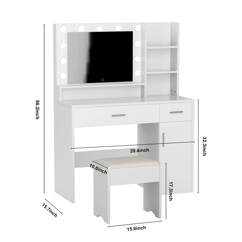 Kullavik Vanity Desk Set with Large Mirror and Storage Stool, Makeup Table with 3 Lighting , 2 Drawers, Cabinet and Open Shelves for Modern Bedroom, White