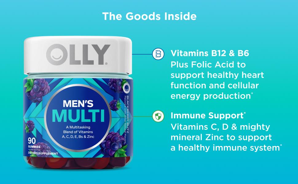 OLLY Men's Multivitamin Gummy - 90 Gummies with Vitamins A, C, D, E, B, Zinc, Blackberry Blitz Flavor - Daily Multivitamin