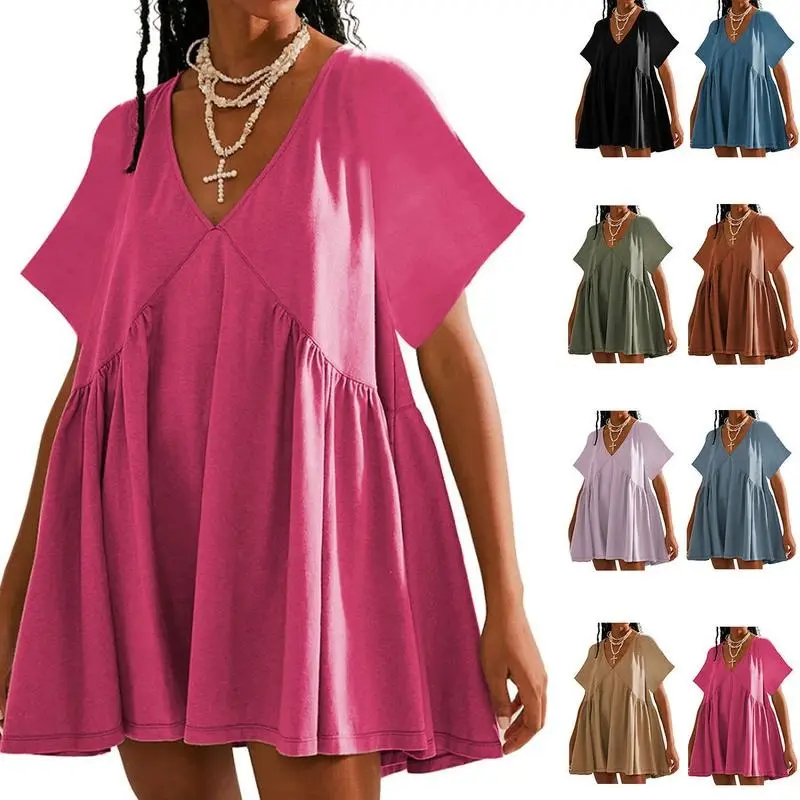 Woodberry Lady's Soft Breathable Cotton Tunic Dress, Casual A-Line V-Neck Mini with Pockets and Babydoll Detailing, Shortsleeve, Going Out, Basic, Casual Wear, Fabric, Short Sleeves, Drop Shoulder, Pull-On, Side Pockets, Cute