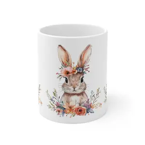 Floral Bunny Mug – 11oz White Ceramic Easter Rabbit Coffee Cup – Cute Spring Gift for Women