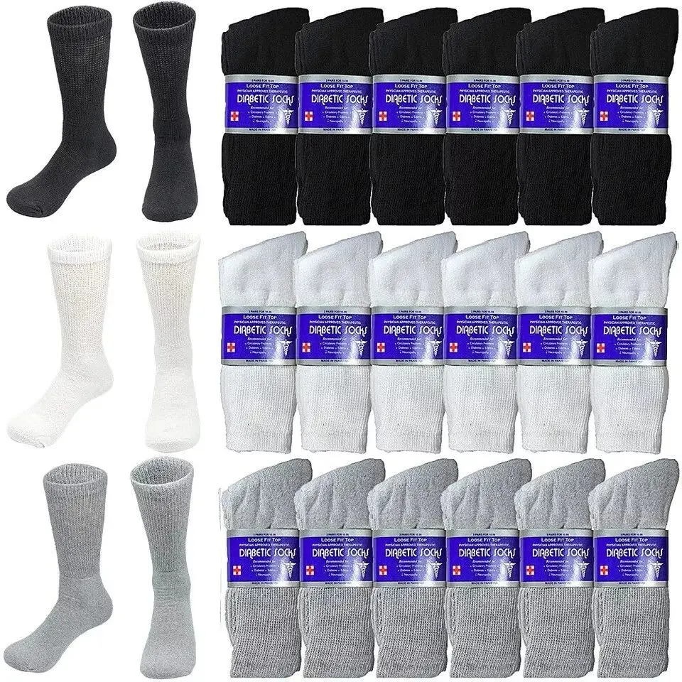 DIAMOND STAR 3-12 Pairs Diabetic Socks, Non-Binding Circulatory Cushion Cotton Crew Diabetic Socks for Men Women Menswear Cottonsock White, Sock Sets, Breathable Plain Socks Cushioned Crew Socks Crewsocks