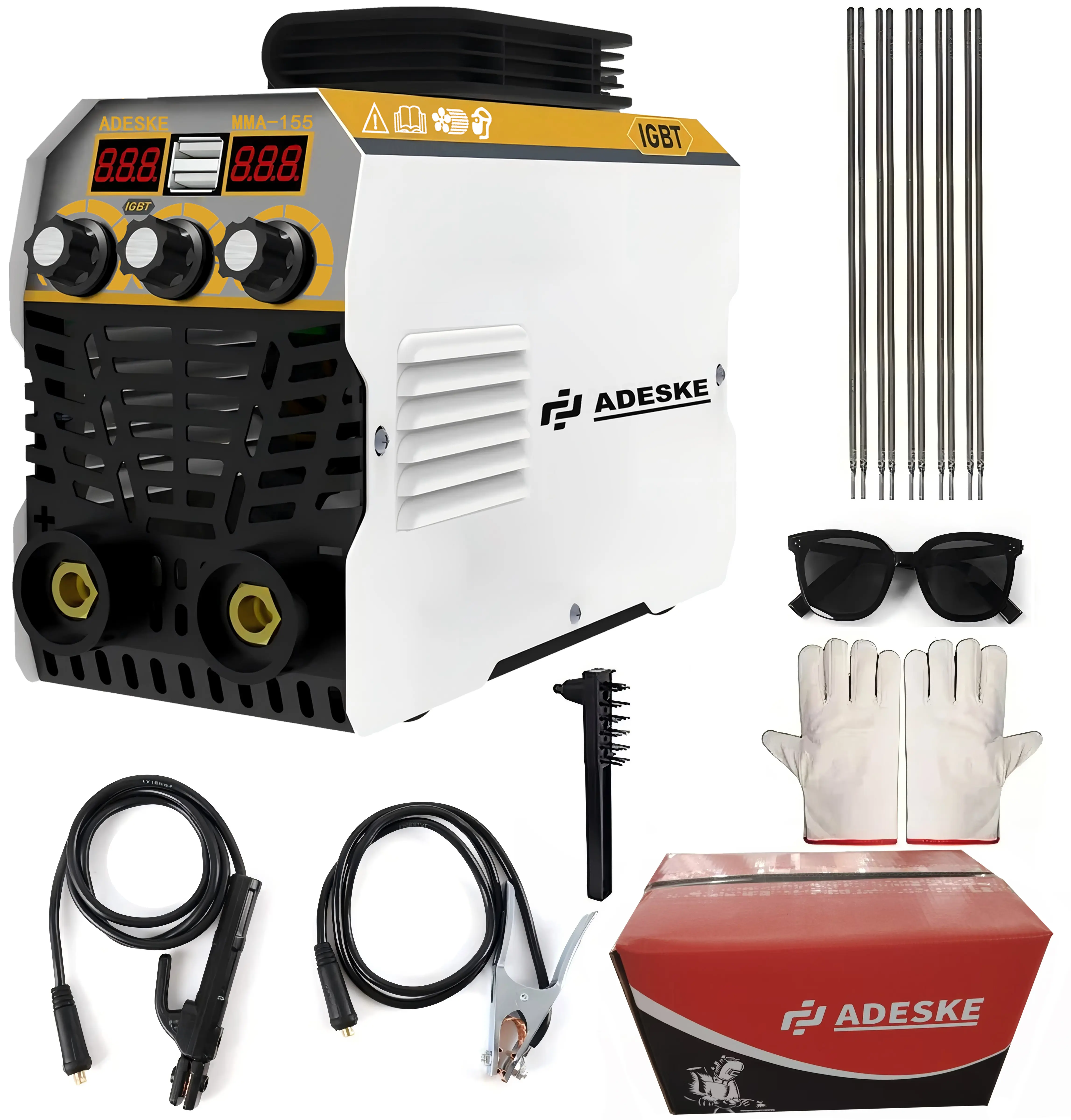 ADESKE Mini 155A Handheld Stick Welder, Portable Lightweight MMA Arc Welding Equipment, 110V/220V Dual Voltage Compatibility, Digital Display, Full Kit with Class F Insulation, 10 Welding Rods, Built-in Overload Protection for Car Repair, Tools And Gadget