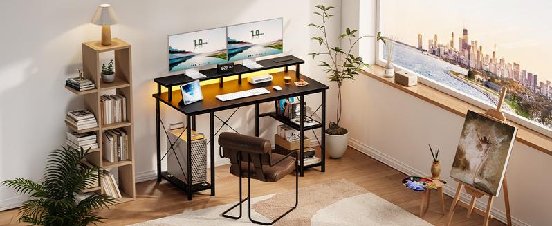 48 inch Gaming Desk with LED Lights & Power Outlets, Computer Desk with Monitor Stand & Storage Shelves, CPU Stand, Home Office Desk