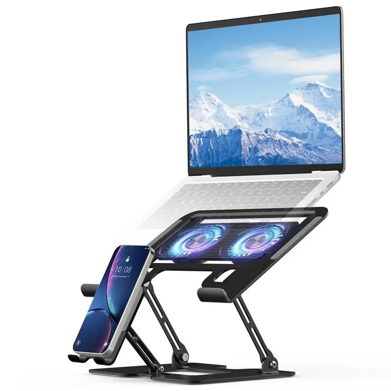 2-in-1 Carbon Steel Compact & Foldable Adjustable Desktop Cooling Fan Stand - Computer Accessories, Dual Turbine Cooling, Adjustable for Optimal Positioning, Easy Storage, Fits Phones/Tablets, Laptops, Projectors, for Office Users