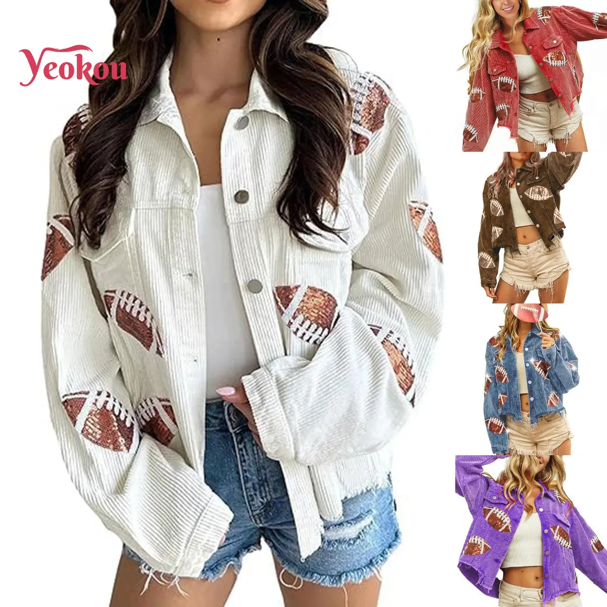 Yeokou Women's Casual Oversized Corduroy Shacket, Sequin Football Long Sleeve Jacket with Cropped Tassel Hem for Game Day, Tops, Coats