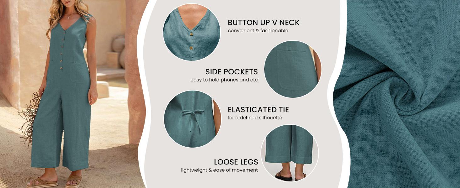 UANEO Women Button Down Jumpsuits Cotton Linen Sleeveless Casual Wide Legs Rompers Loose Overall with Pockets