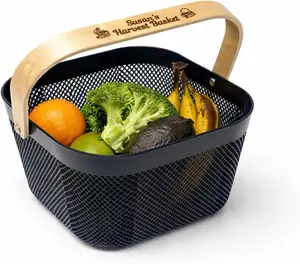 Harvest Basket Mesh Garden Hod with Personalized Bamboo Handle – Lightweight Vegetable Harvest Basket for Gardening Washing and Carrying Produce