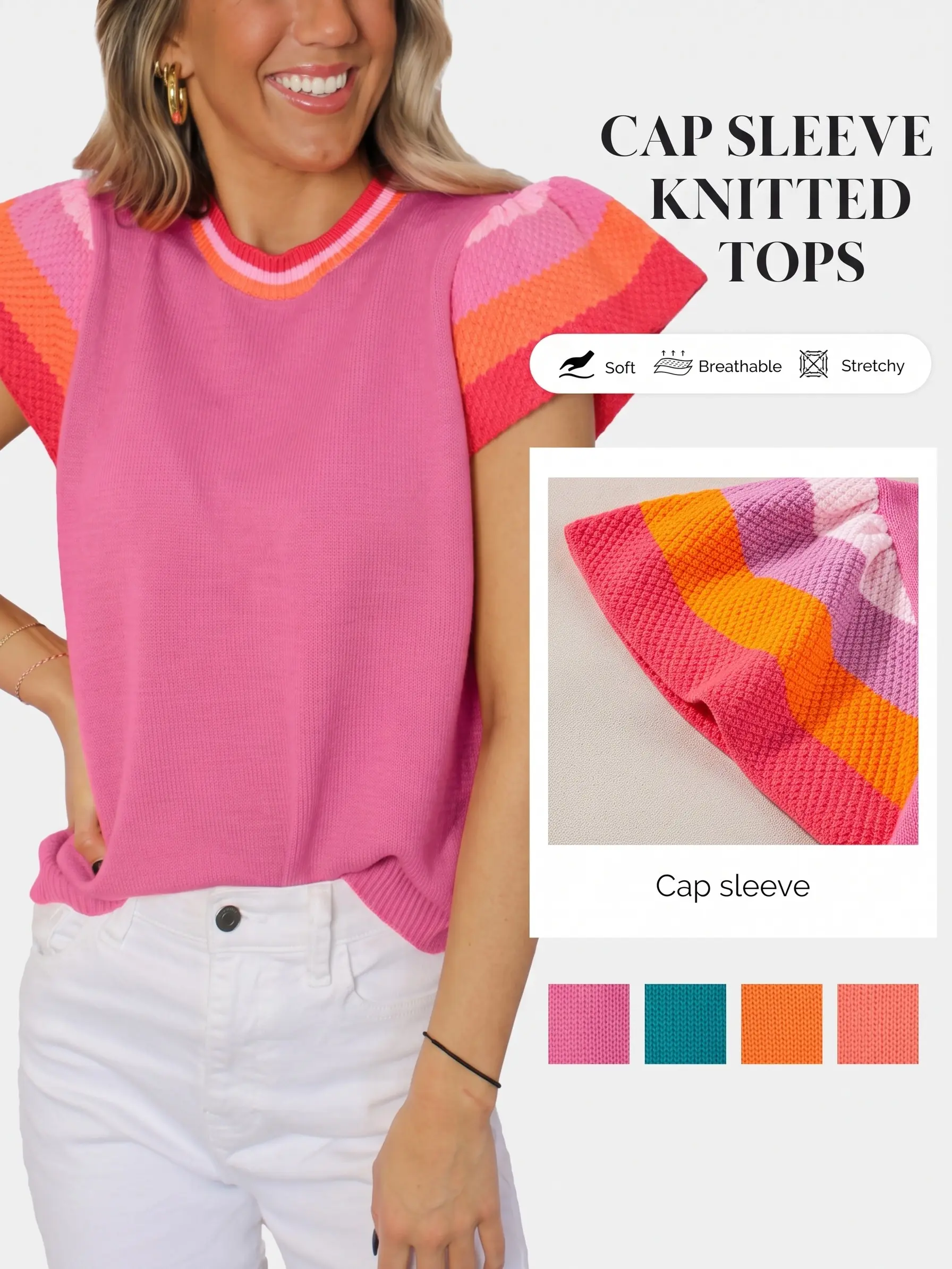 Shewin Women's Summer Cap Sleeve Tops Fitted Crewneck Loose Fit Knit Sweater Pullover Top Pink Vneck Soft Breathable Stretchy Knitting,back to school,back to school shopping