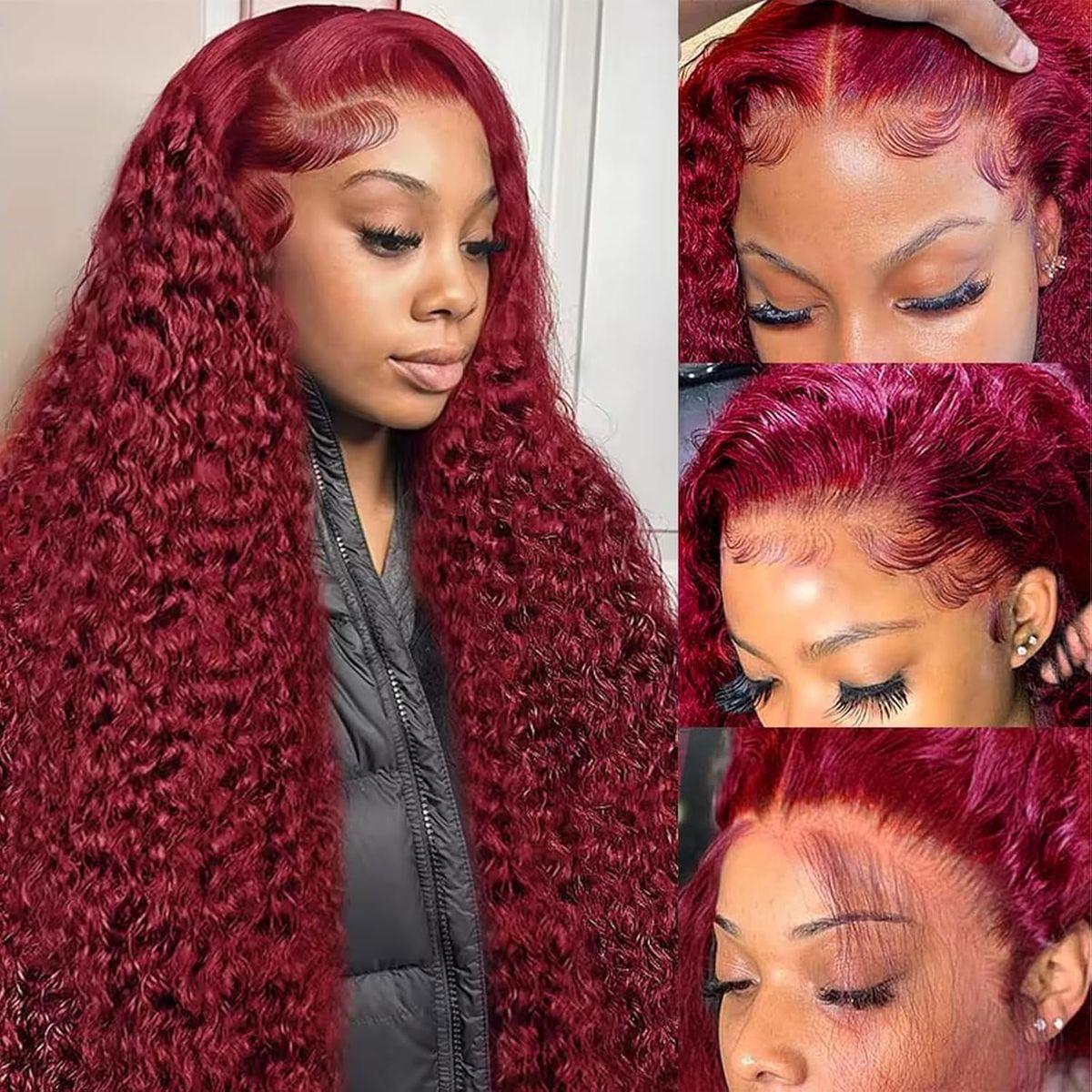 13x6 Hd Colored 99j Burgundy Lace Frontal Human Hair Wig 30 32 Inch Brazilian Water Wave Curly Red Wigs 13x4 Deep Wave Frontal Wig 100% Human Hair Quality On Sale