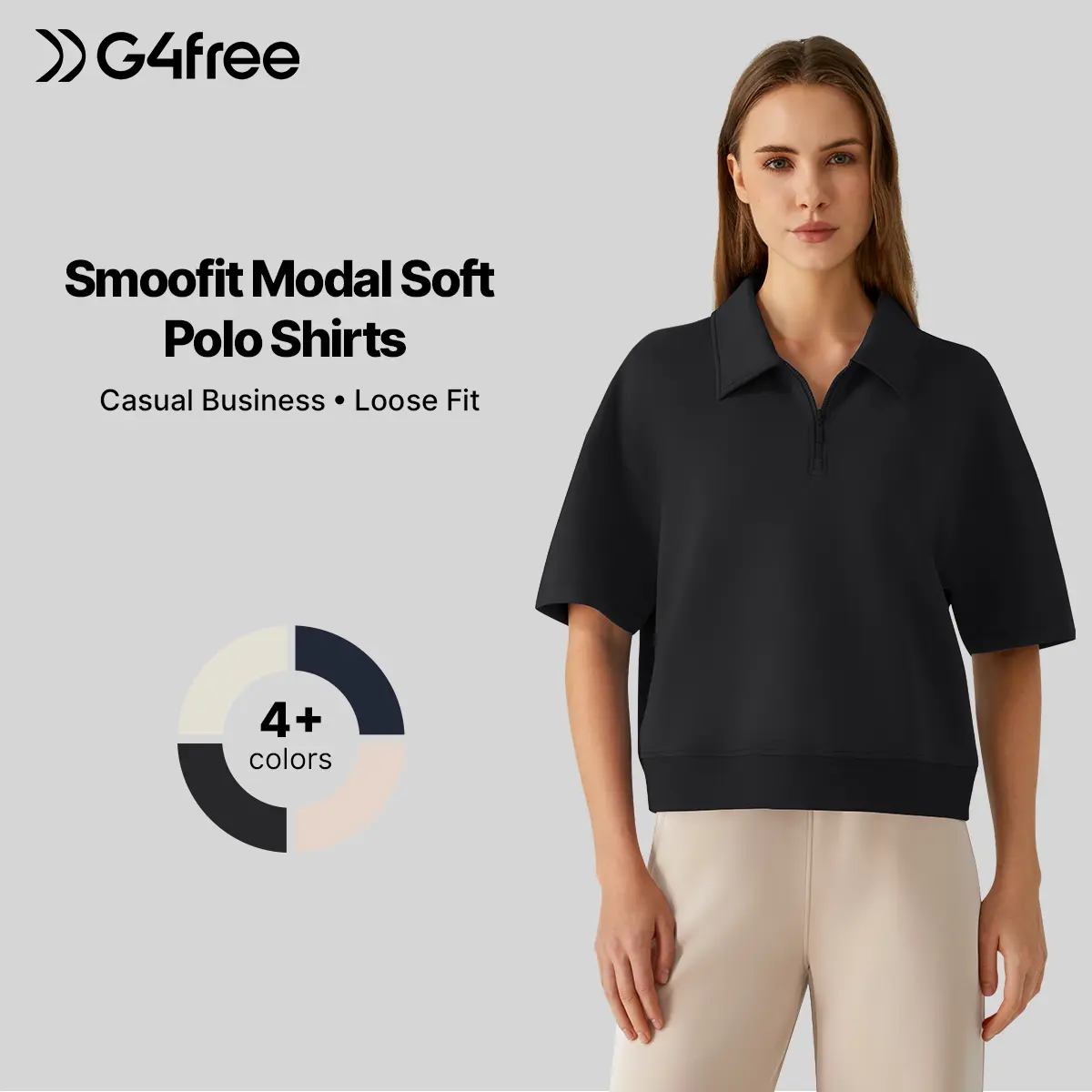 G4Free Smoofit Women's Modal Soft Collared Polo Shirts - Zip-Up Short-Sleeve Basic Tops, Loose Fit for Casual Business Work