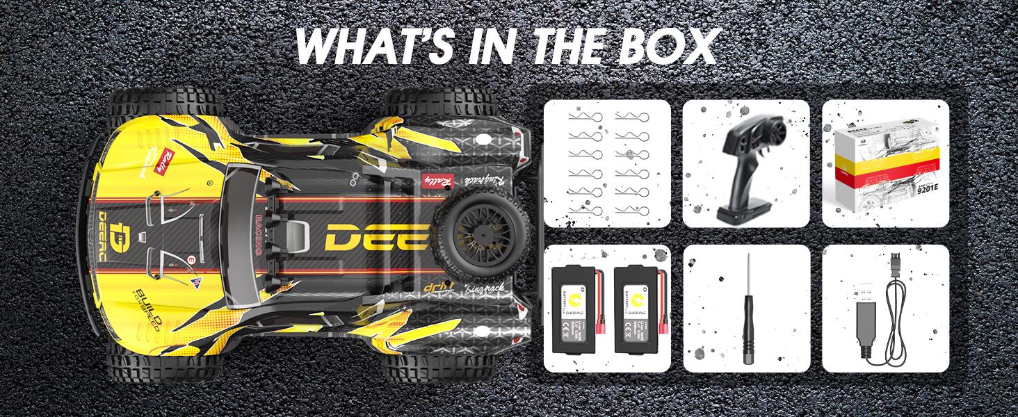 DEERC 9201E 1:10 Large Remote Control Truck with Lights, Fast Short Course RC Car, 48 km/h 4x4 Off-Road Electric Vehicle with 2 Rechargeable Batteries