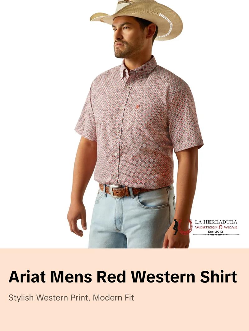 ARIAT MENS Welch Red Short Sleeve With Western Print - 8749