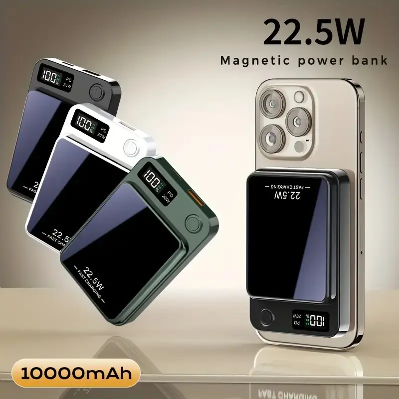 10000mAh Magnetic Wireless Charger - 15W Battery Power Bank with Digital Display USB, Mobile Smartphone Accessory for iPhone 12-16 Pro Max & AirPods MagSafe, On-the-Road Travel Charger
