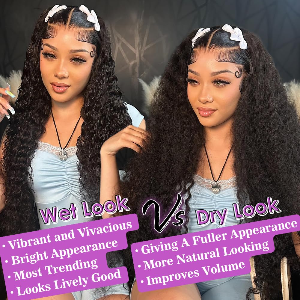 30 Inch 13x6 Lace Front Wigs Human Hair Water Wave 200 Density 13x6 HD Full Lace Frontal Wigs Pre Plucked Wet and Wavy Glueless Deep Curly Human Hair Wigs for Women Natural Black
