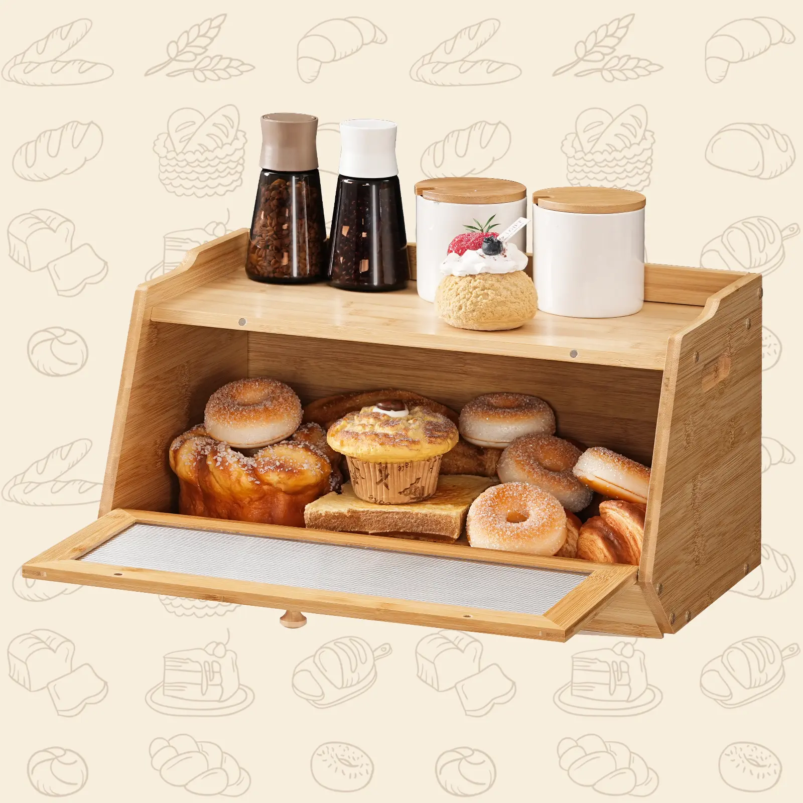 HOOBRO Bread Box, Bamboo Bread Box for Kitchen Countertop, Farmhouse Bread Storage Box with Acrylic Window, Bread Holder with Drop-Down Door, for Food Storage, Natural