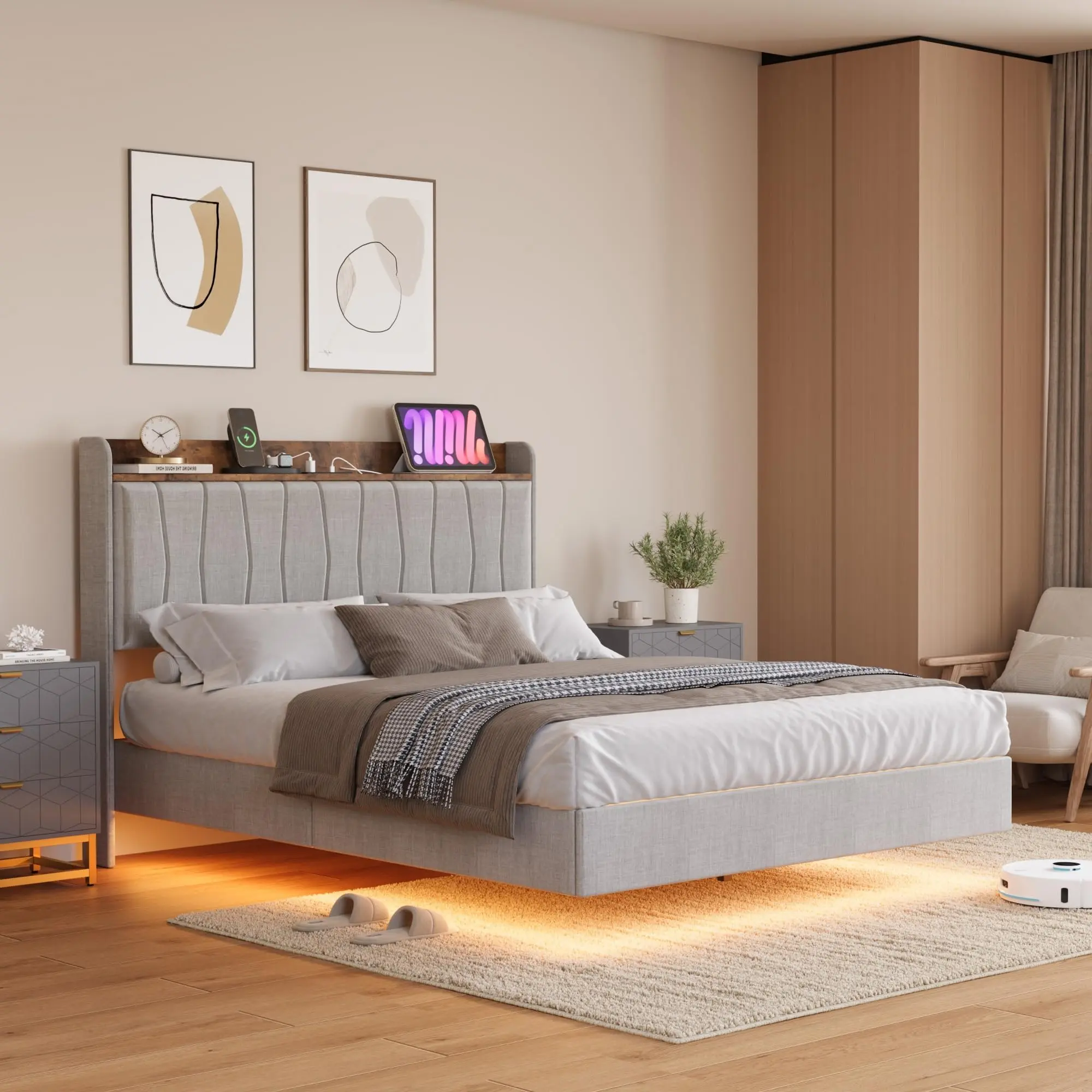 Garvee - King Floating Bed Frame with LED Lights and USB Charging Station, Modern Upholstered Platform with Headboard, Solid Wood Slat Support, No Box Spring Needed, Easy Assembly, Noise-Free