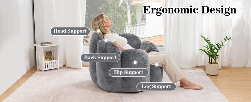 HOMMPA Bean Bag Chair for Adults Comfy Velvet Bean Bag Couch with Back Support Flower Shaped Oversized Dutch Sofa for Living Room,Bedroom,Dorm,Grey