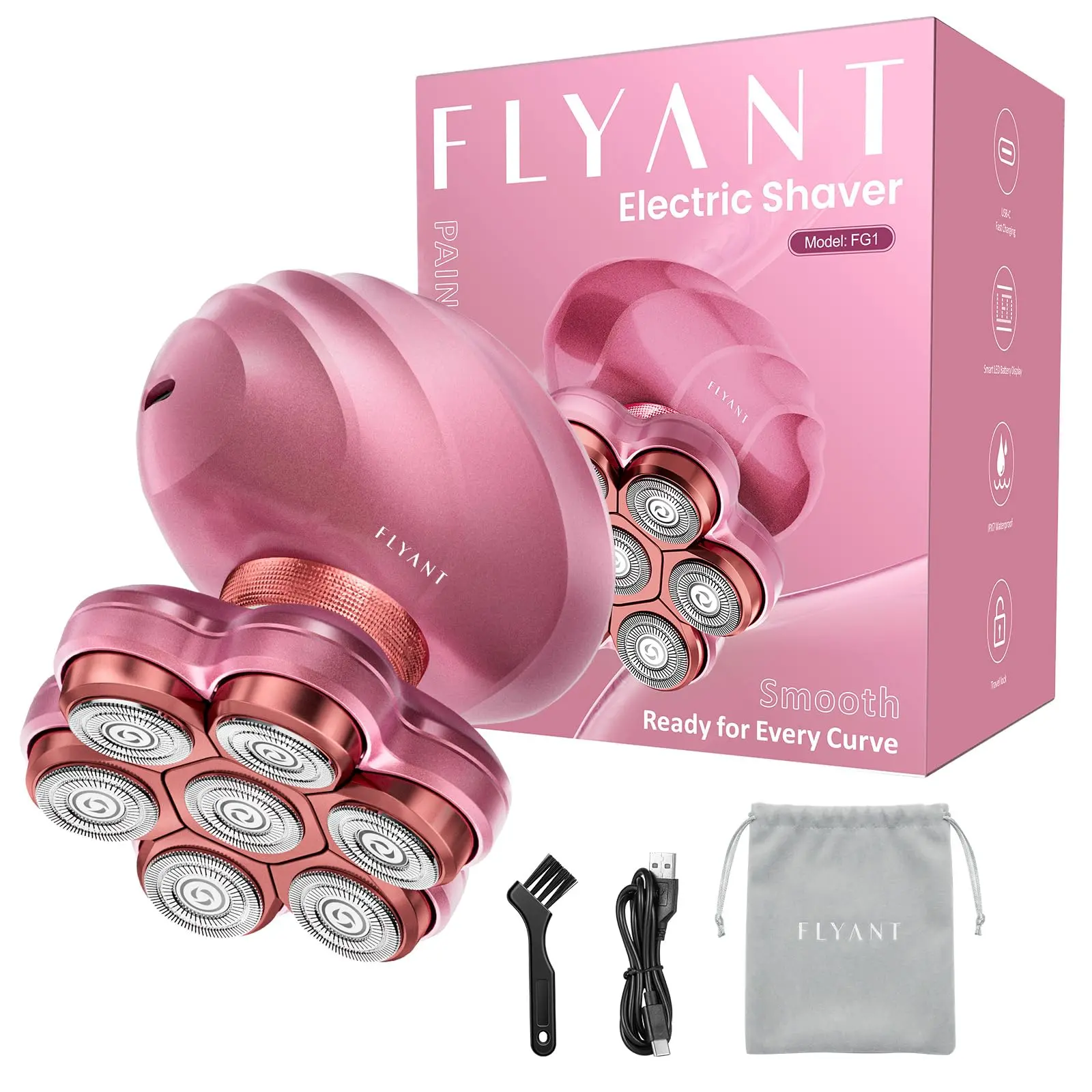 Flyant 7D Floating Body Electric Shaver for Women, Rechargeable Electric Razors, IPX7 Waterproof Wet Dry biknini trimmer, electric head shaver, Lady Hair Remover for Face, Pubic, Cordless, Flawless, Gift