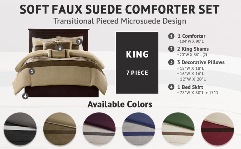 Madison Park Palmer 7 Piece Comforter Set - Pieced Microsuede with Embroidery Details