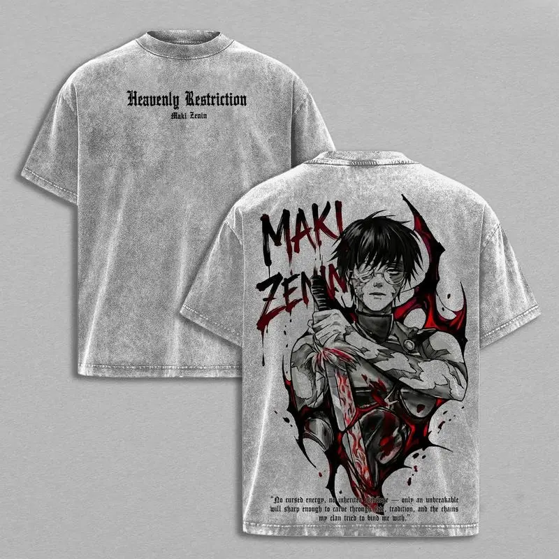 Maki Zenin Jujutsu Kaisen T-Shirt – Vintage Washed Oversized Anime Tee, Dark Aesthetic Maki Manga Graphic Shirt, Heavy Cotton Unisex  JJK Merch, Fall Outfit Anime Gift