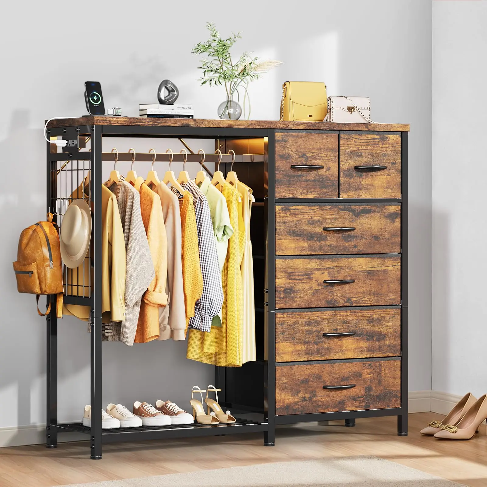 Garvee Rustic Brown Dresser with Hanging Rack, 6 Drawers, Charging Station, Wooden Top Organizer Unit with LED Lights, Fabric Chest of Drawers with Clothes Rack & Open Shelves for Living Room