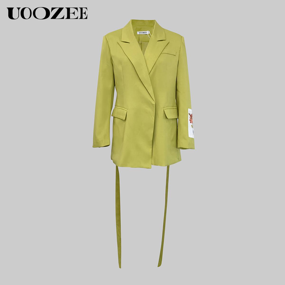 UOOZEE Women's 2025  (Only Top) Trendy Stylish Green Blazer Jacket, New Fashion Spring Autumn Winter Loose Clothing Luxury Blazers, Streamer Floral Embroidered Long Sleeves Lapel Blazer(Women with Broad Shoulders Can Order One Size Larger) SpringStatement