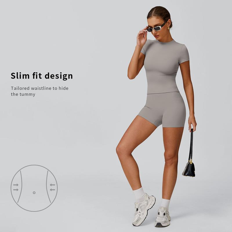 Tenwolf Women's Solid Ribbed Crop T-Shirt & High-Waisted Shorts Set, Quick-Dry for Yoga, Gym, Workouts, Running, Ladies' Sports Apparel for All Seasons, Women's Workout Sets, Women's Workout Clothing, Fitness Clothing, Casual Activewear, Fitness Summer Bo