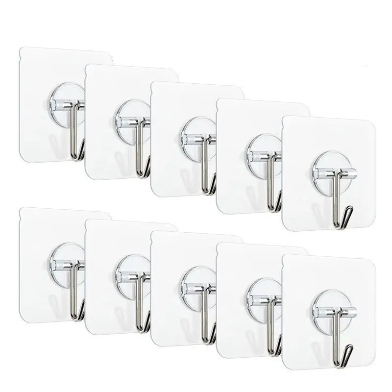 Self Adhesive Wall Hooks 10, 20, 30, 40, 50 Pcs, Heavy Duty No Drill Sticky Hooks, Clear Seamless Hangers for Kitchen Bathroom Door Wall, Hooks for Towels Robe Bag, Damage Free Wall Mount Hangers