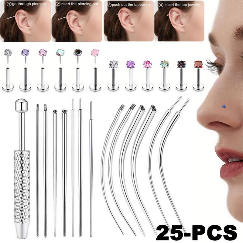 2D Flat - 25pcs Stainless Steel Body Piercing Jewelry Set | Taper Ball Grabber Tool, Charm Ear Studs, Nose Studs, Multi-Color, Synthetic Cubic Zirconia Earrings, 14G 16G 18G 20G, Flat Back Earring Applicator Tool