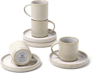 ONE of ONE Star Espresso Cups and Saucers Set of 4, [ Mini ] 3 oz Ceramic Small Coffee Mug with Handle, Ribbed Stoneware Demitasse Cup for Tea, Latte - Microwave & Dishwasher Safe