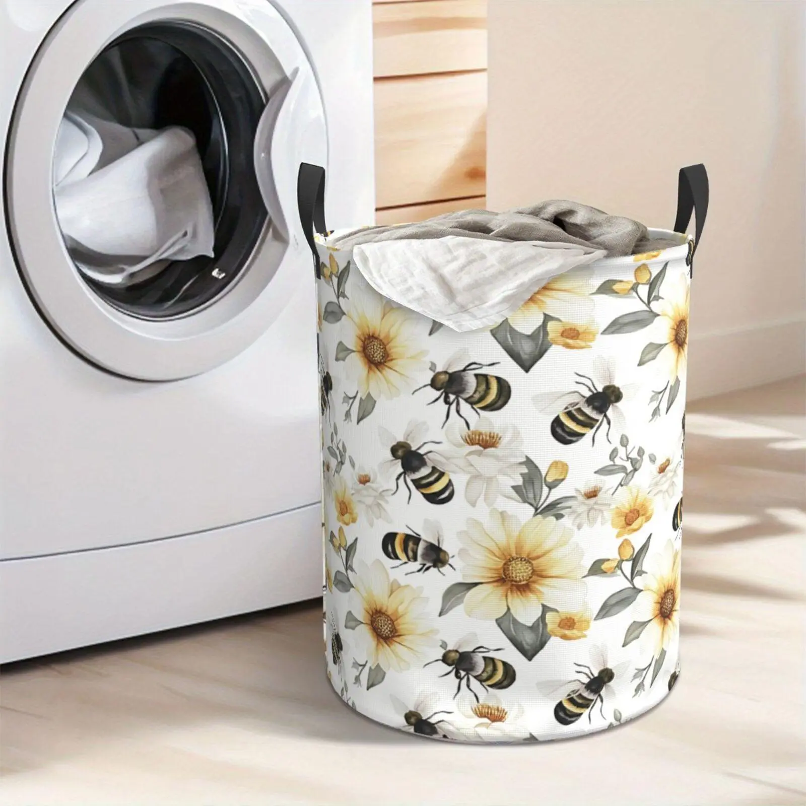 Cute Bee and Sunflower Laundry Hamper  Portable Storage Hamper with Sturdy Handle， Oxford Cloth， Easy to Store and Collapsible Design， Laundry Baskets