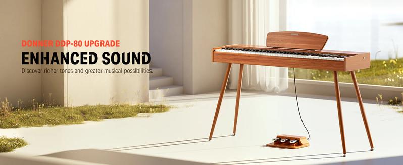 Donner DDP-80 Wooden Style 88 Key Weighted Digital Piano with Stand & 3 Pedal, Sound Upgrade