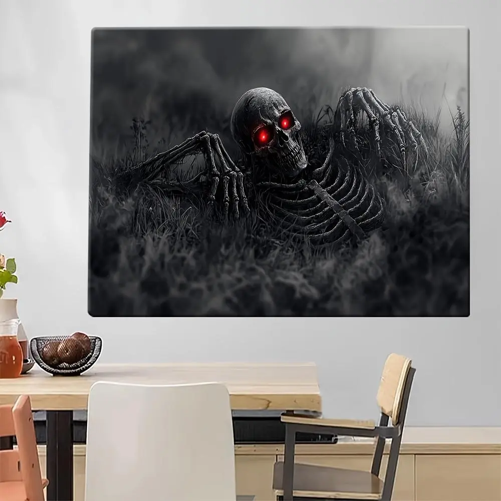 Gothic Glow-in-the-Dark Evil Skull Canvas Art with Wood Frame – Spine-Handed Skeleton Poster for Halloween, Living Room, Bedroom, or Office Decor, Halloween Decorations	
