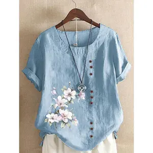 Vintage Cotton Linen Printed Loose Casual Short Sleeve Women's Shirt Top Womenswear