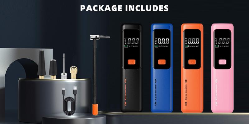 Kozzenwarm Electric Air Pump with Smart Pressure Control Portable Air Compressor One-Button Start Inflation Type-C Charging Port 4 Interchangeable Nozzles for Cars Motorcycles Bicycles Balls Compact Storage airpump