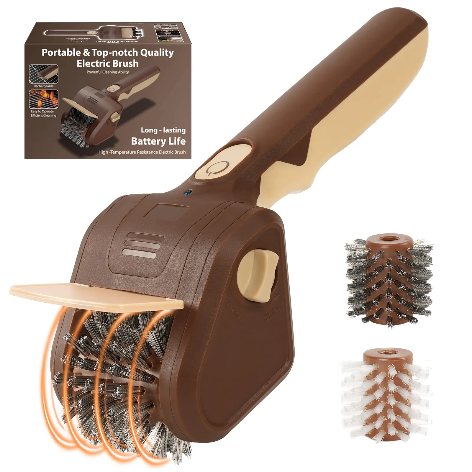 LRLY Electric Grill Brush, Safe Bristle Free with 2 Replaceable Heads, Cordless Rechargeable Spin Scrubber, Fast Clean, Camping Essentials Outdoor BBQ Cleaner for All Grill Types, Grill Season