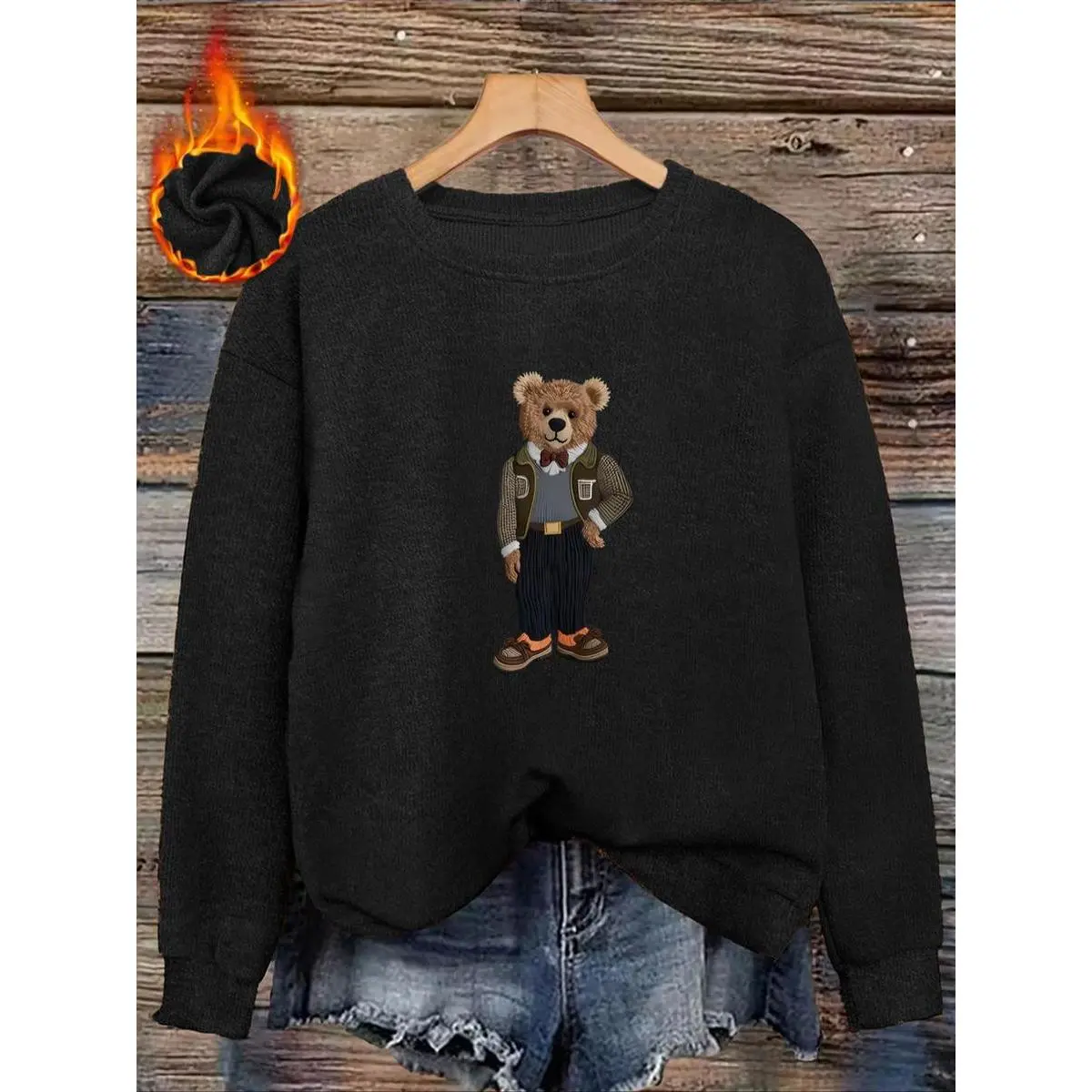 Men's Elegant Bear Print Faux Fur Round Neck Top - Fitted-Loose Casual, Soft Plush Vintage, Fall & Winter Menswear Sweatshirt, Sweatshirts, Attention To Detail, Imitation Wool, Cartoon, Do Not Dry Clean, Machine Washable, Wool-Like Fabric