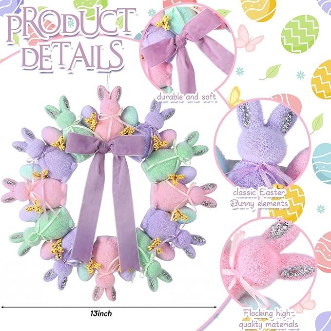 Easter Decorations Easter Flocked Bunny Wreath with Colorful Easter Eggs & Bows Rustic Spring Hanger Wall Wreath Decor for Front Doors Home Farmhouse Porch Wall Indoor Outdoor Window Bunny Decorations Party Backdrop Door Wreath