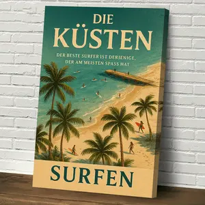 1pc Surfing Poster - Tropical Beach Scene Canvas Print with German Text "Surfen" - Coastal Decor for Living Room, Bedroom, Office, Beach House - Ready-to-Hang Surf Culture Wall Art - Vintage Surf Shack Decoration, Beach Decor, Indoor Decoration	