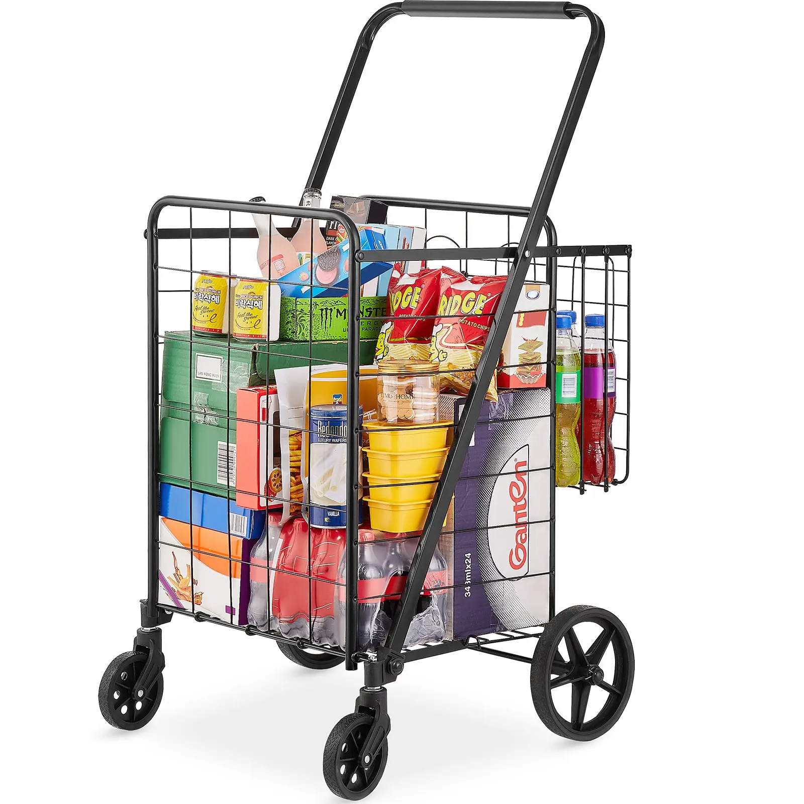 【summerfinds】VEVOR Folding Shopping Cart, Jumbo Grocery Cart with Double Baskets, 360° Swivel Wheels, Heavy Duty Utility Cart, 110 LBS Large Capacity Utility Cart for Laundry, Shopping, Grocery, Luggage