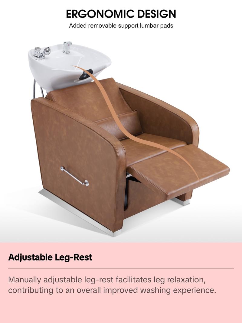 BarberPub Backwash Shampoo Station Chair, Salon Ceramic Hair Wash Bowl 9370