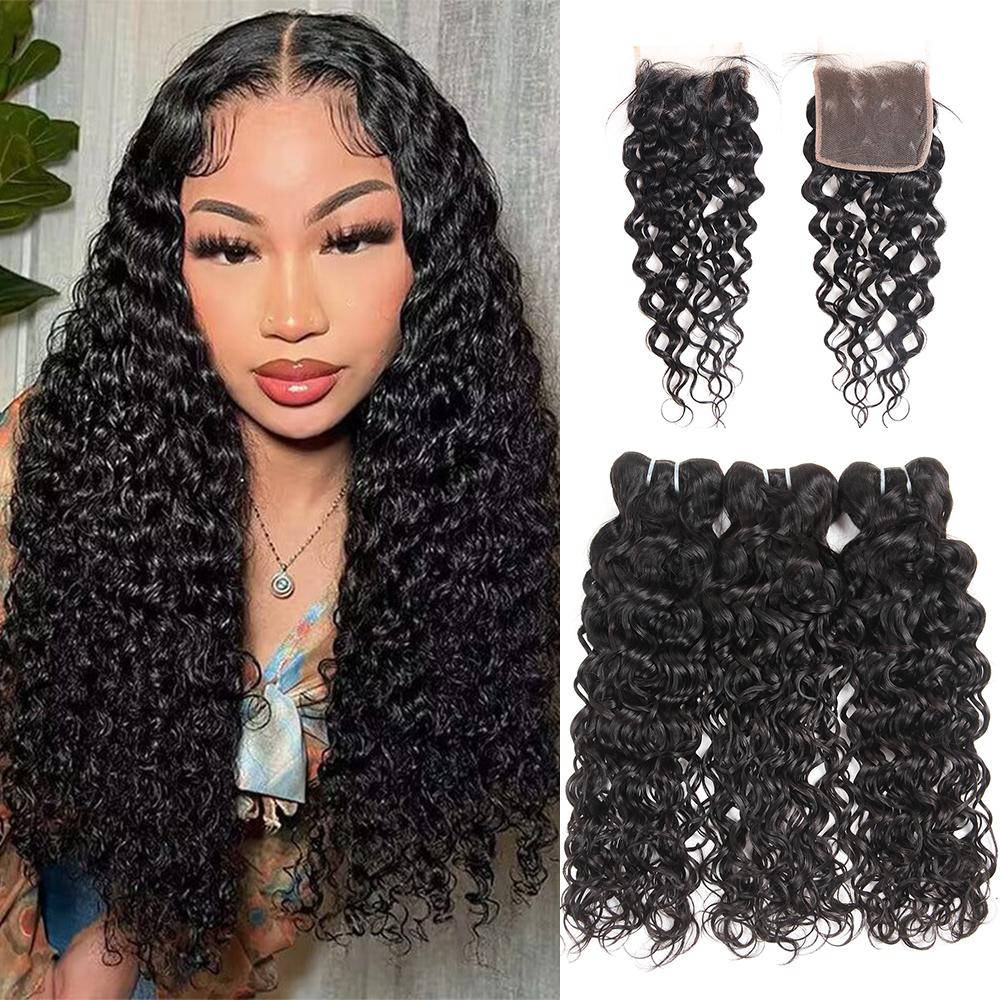 Water Wave Bundles with Closure Human Hair 10A Brazilian Virgin Hair Bundles and Closure 100% Unprocessed Water Wave Human Hair Bundles with 4x4 Lace Closure Water Wave Bundles with Closure Human Hair 10A Brazilian Virgin Hair Bundles and Closure 100% Unprocessed Water Wave Human Hair Bundles with 4x4 Lace Closure
