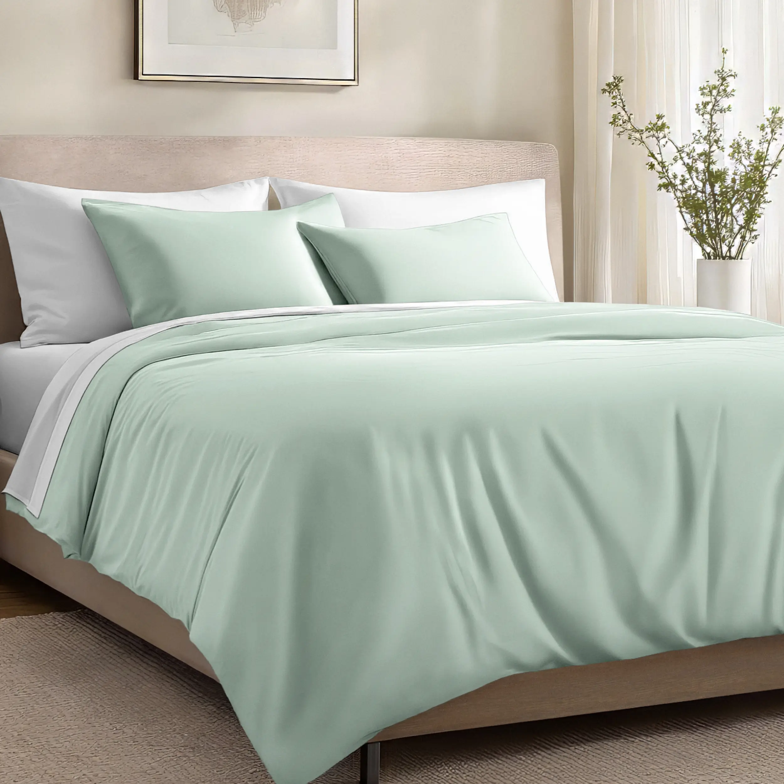Bare Home Organic Combed Ring-Spun Cotton Sateen Duvet Cover Set - Solid, Tight Weave, Hotel-Style, Breathable Bedding, Strong and Durable, Button-Closure, Glam Design, 2 Standard Pillow Shams with Envelope Closures for California King, Full Beds, White,