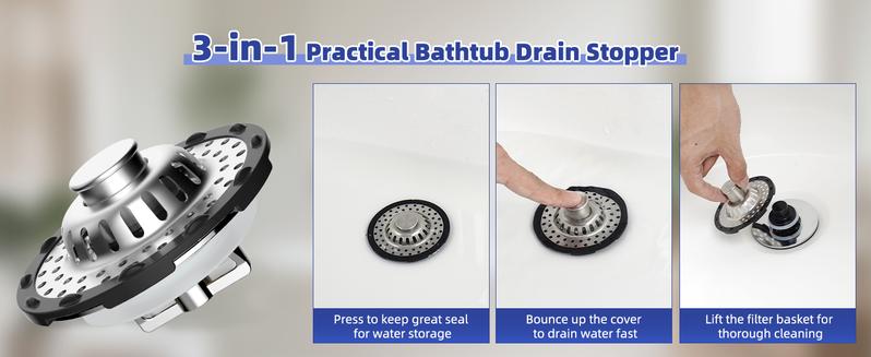 Hibbent Bathtub Drain Stopper with Visible Top Hair Catcher Innovative 3 in 1 Pop-up Bathtub Strainer Fit for Standard 1.5 to 2.4in Drain Hole with Detachable Stainless Steel Filter Basket Chrome